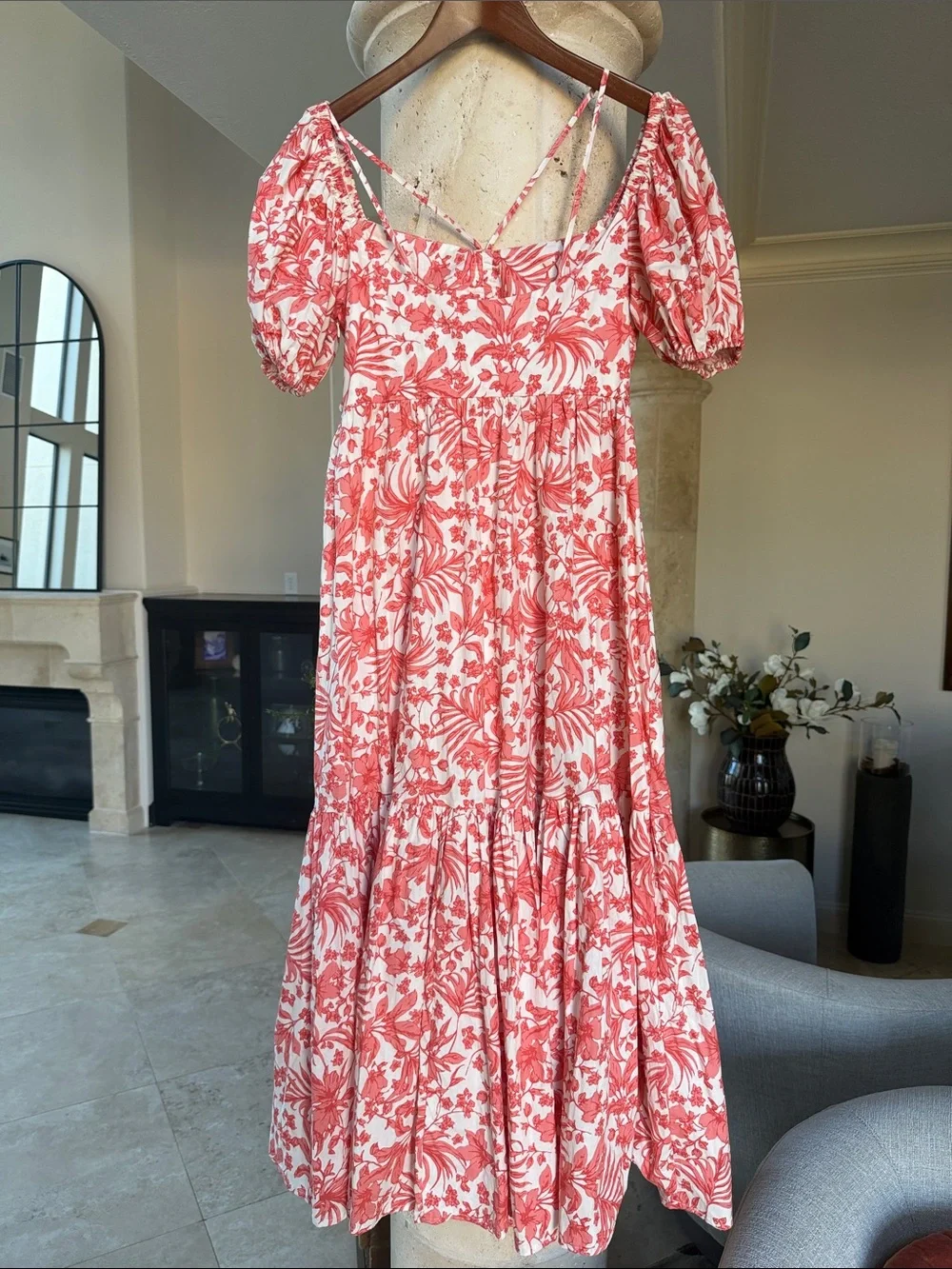 Aqua Coral and Creme White Floral Cotton Maxi Dress with Puff Sleeves Sz Small